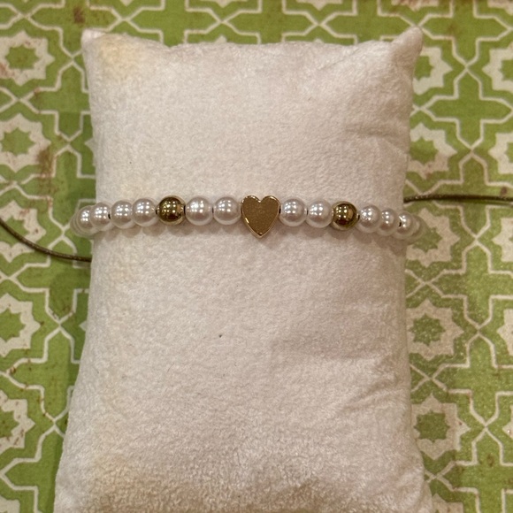 Gold Bead & Pearl Heart Adjustable Bracelet Set – 2 Piece Layered Stack - NEW - Picture 3 of 9